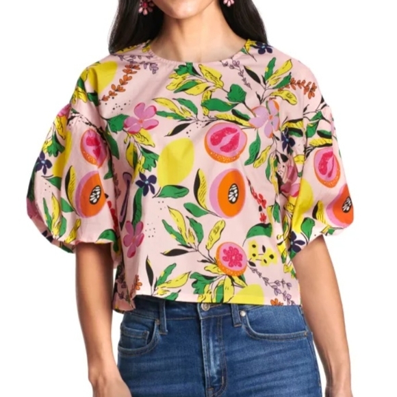 TCEC Tops - TCEC Pink Puff Sleeve Crop Blouse